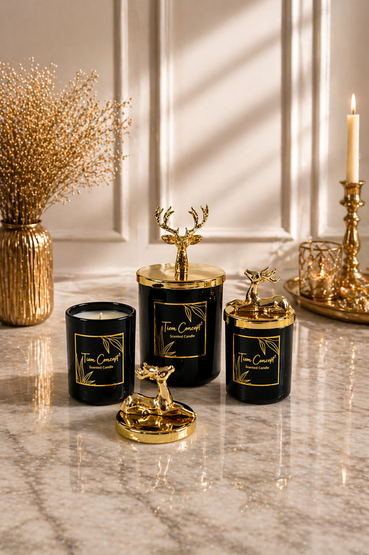 Tiem Concept Special Design Decorative Gold Deer Vanilla Scented 3-Piece Black Glass Candle Set