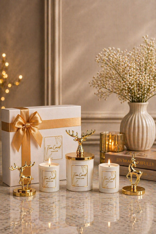 New Year Decorative Special Design White Boxed Vanilla Scented Gold Deer Top 3-Piece Glass Candle Set