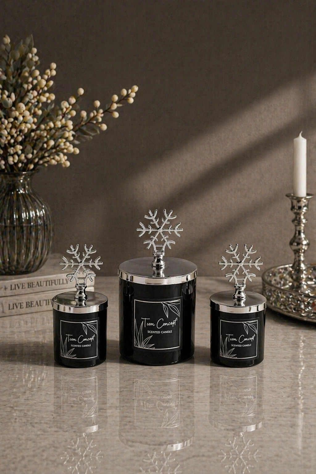 Tiem Concept Decorative Special Design Silver Snowflake Vanilla Scented 3-Piece Black Glass Candle Set