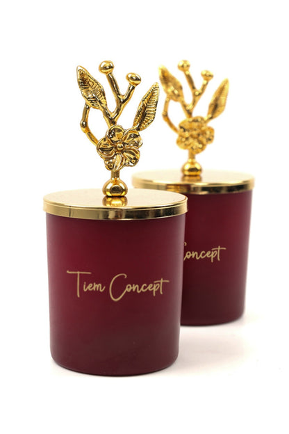 Tiem Concept Decorative Special Design Silver Olive Branch Top Amber Scented 2-Piece Glass Candle Set