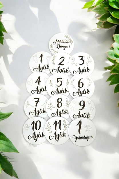 Turkish Monthly Record Set Wooden Baby Photo Cards 9 Cm 13 Pieces