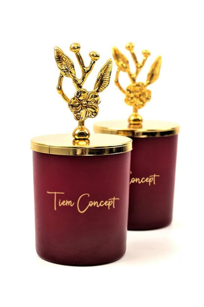 Tiem Concept Decorative Gold Olive Branch Top Amber Scented 2-Piece Claret Red Glass Candle Set