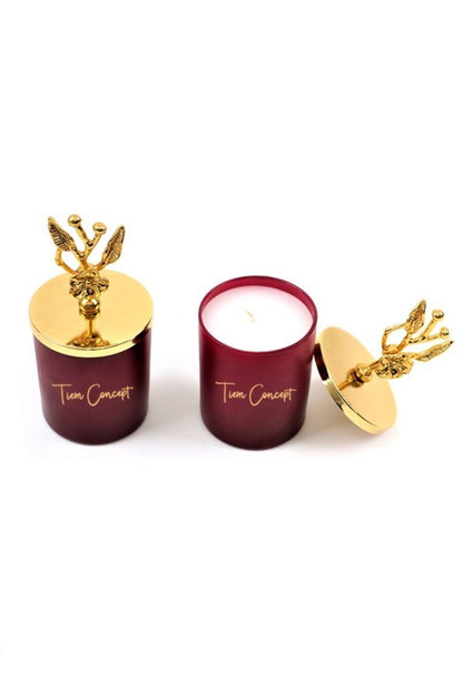 Tiem Concept Decorative Gold Olive Branch Top Amber Scented 2-Piece Claret Red Glass Candle Set