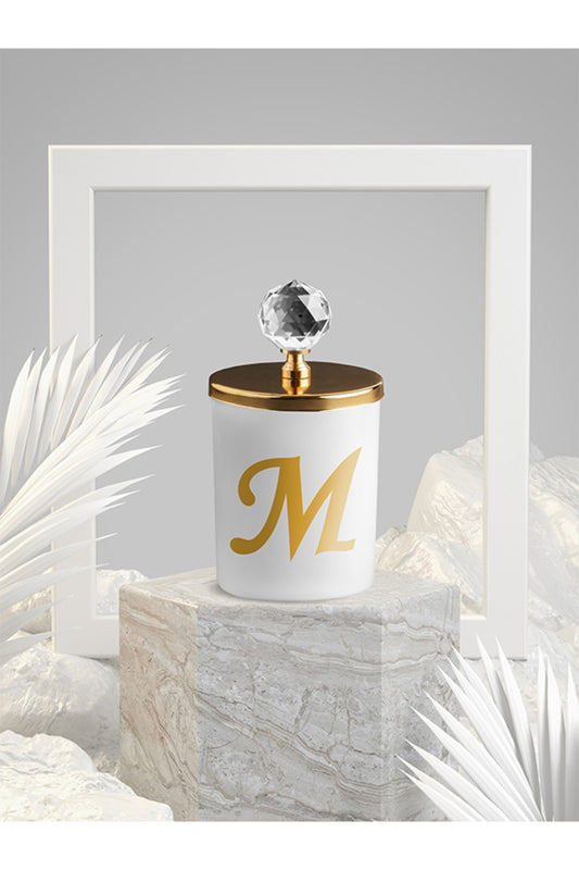 Tiem Concept Special Design M Letter Vanilla Scented Gold Crystal Top White Glass Candle