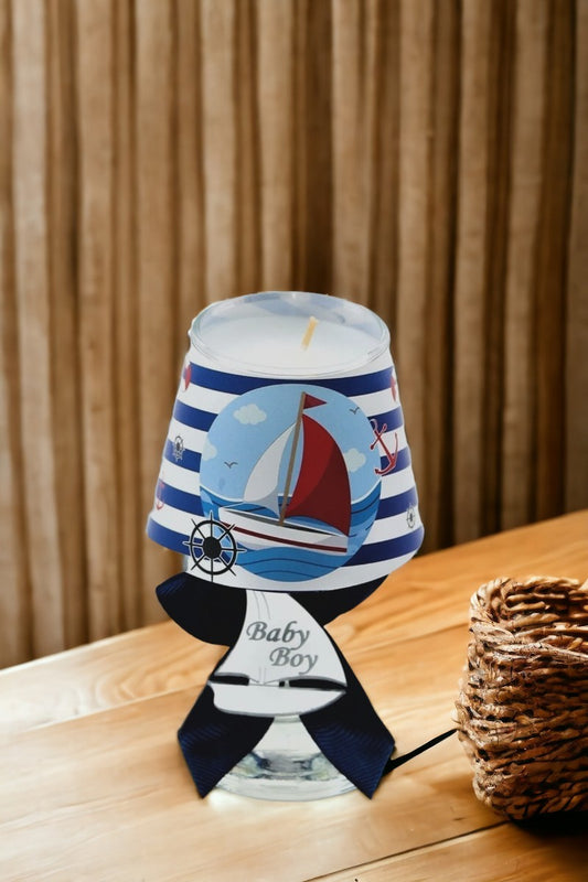 Baby Gift Boxed Custom Name Navy Blue Colored Sea Concept Printed Lampshade Candle Set of 10