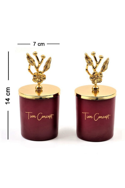 Tiem Concept Decorative Gold Olive Branch Top Amber Scented 2-Piece Claret Red Glass Candle Set