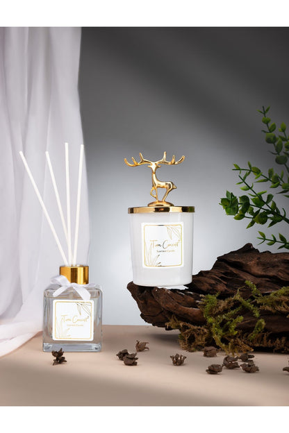 Geyik Başlıklı Gold Detaylı Çubuklu Oda Kokusu 100 ml ve Beyaz Bardak  Mum Seti
