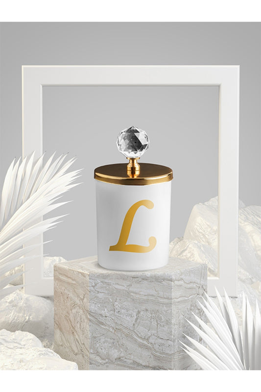 Tiem Concept Special Design L Letter Vanilla Scented Gold Crystal Top White Glass Candle