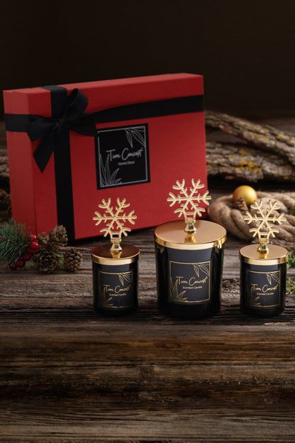 Tiem Concept Decorative Red Gift Boxed Gold Snowflake 3-Piece Black Glass Candle Set
