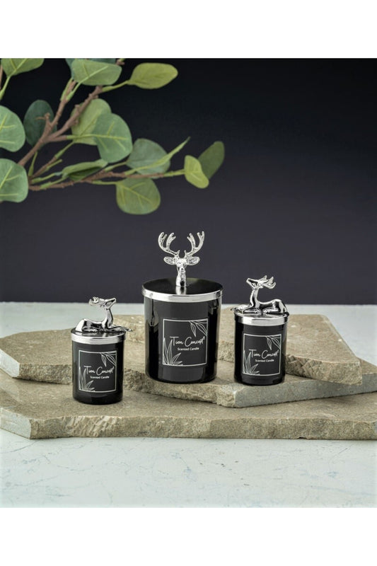 Tiem Concept Special Design Decorative Silver Deer Vanilla Scented 3-Piece Black Glass Candle Set