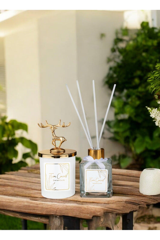 Deer Head Gold Detailed Stick Room Fragrance 100 ml and White Glass Candle Set
