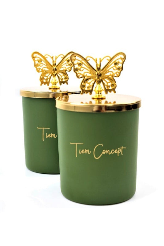 Tiem Concept Dekoratif Gold Kelebek Tepelikli Yeşil Çay Kokulu 2li Yeşil Bardak Mum Seti