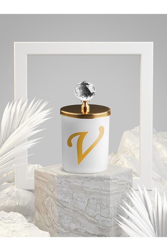 Tiem Concept Special Design V Letter Vanilla Scented Gold Crystal Top White Glass Candle