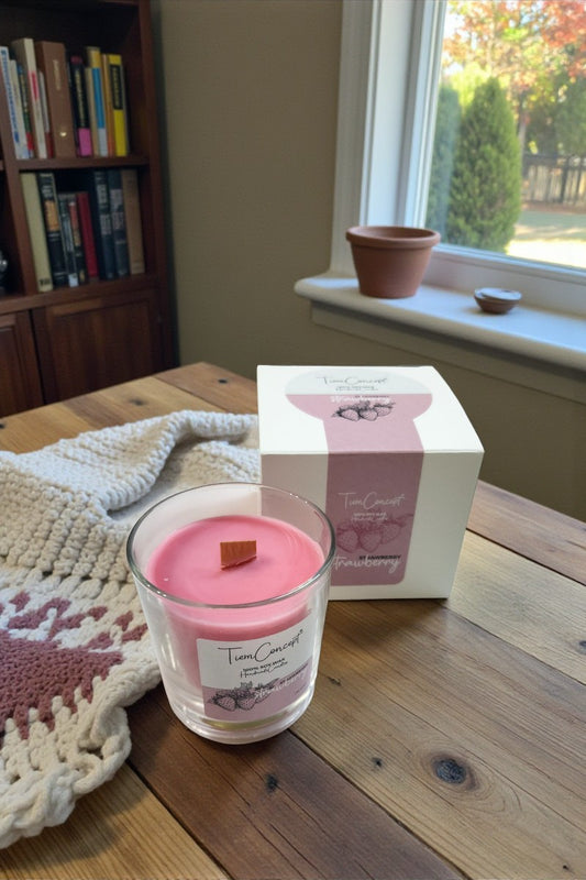 Çilek Kokulu Ahşap Fitilli %100 Soya Mum - Şeffaf Bardak Kırmızı Renkli Aromaterapi 150cc