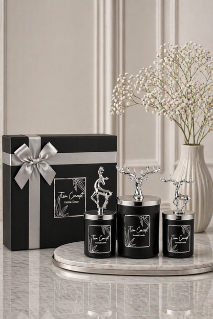 New Year Decorative Special Design Black Boxed Vanilla Scented Silver Deer Top 3-Piece Glass Candle Set